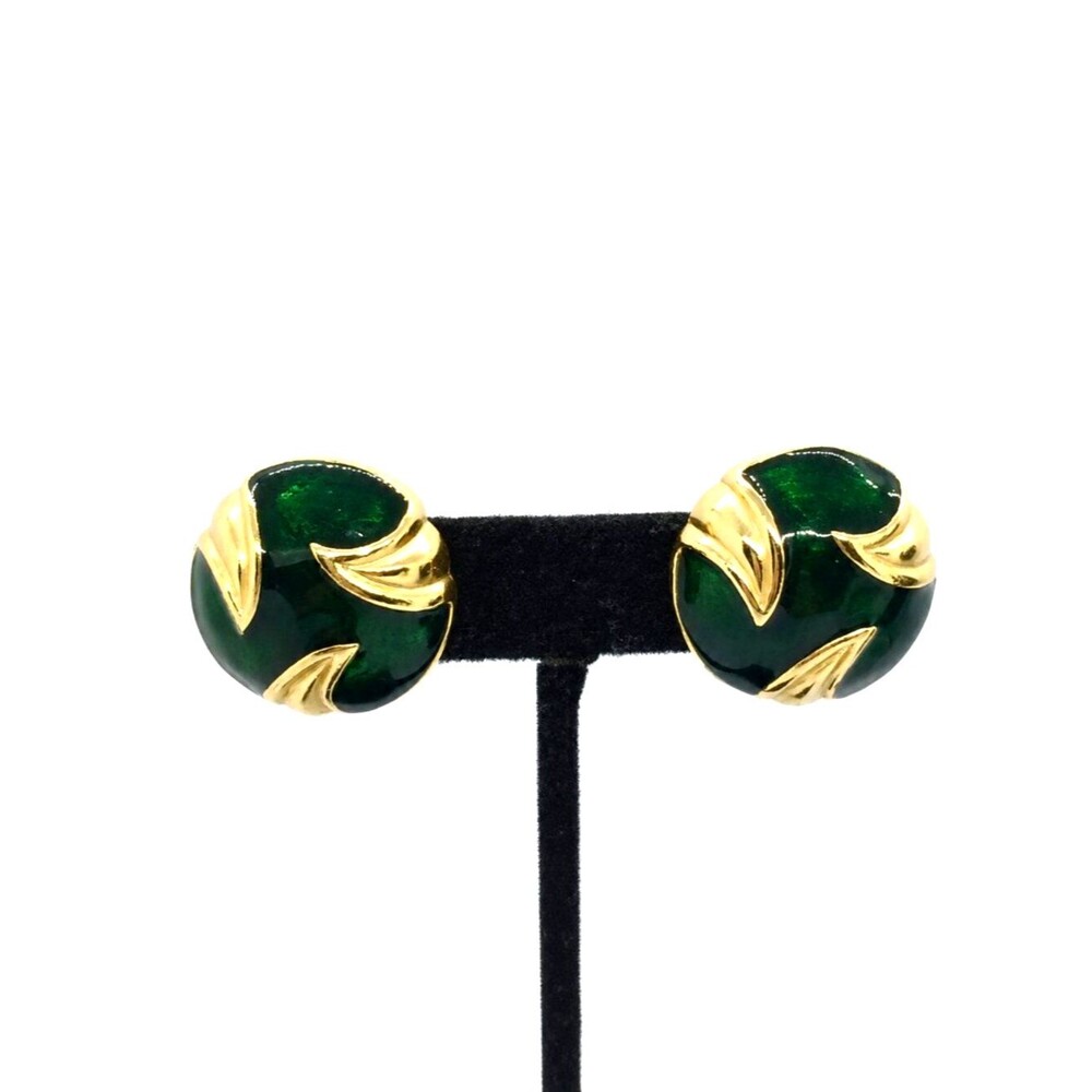 VINTAGE CLIP EARRINGS Emerald Green Enamel Gold Tone Abstract 80s Statement